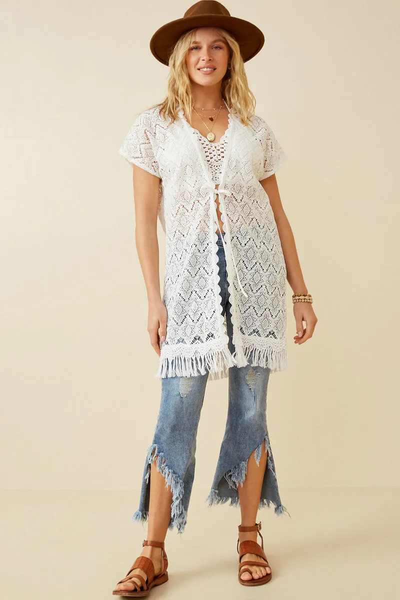 Women Fringed Crochet Lace Tie Waist Kimono