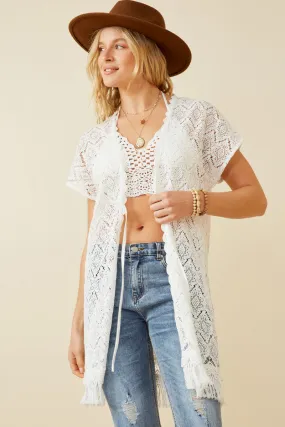 Women Fringed Crochet Lace Tie Waist Kimono