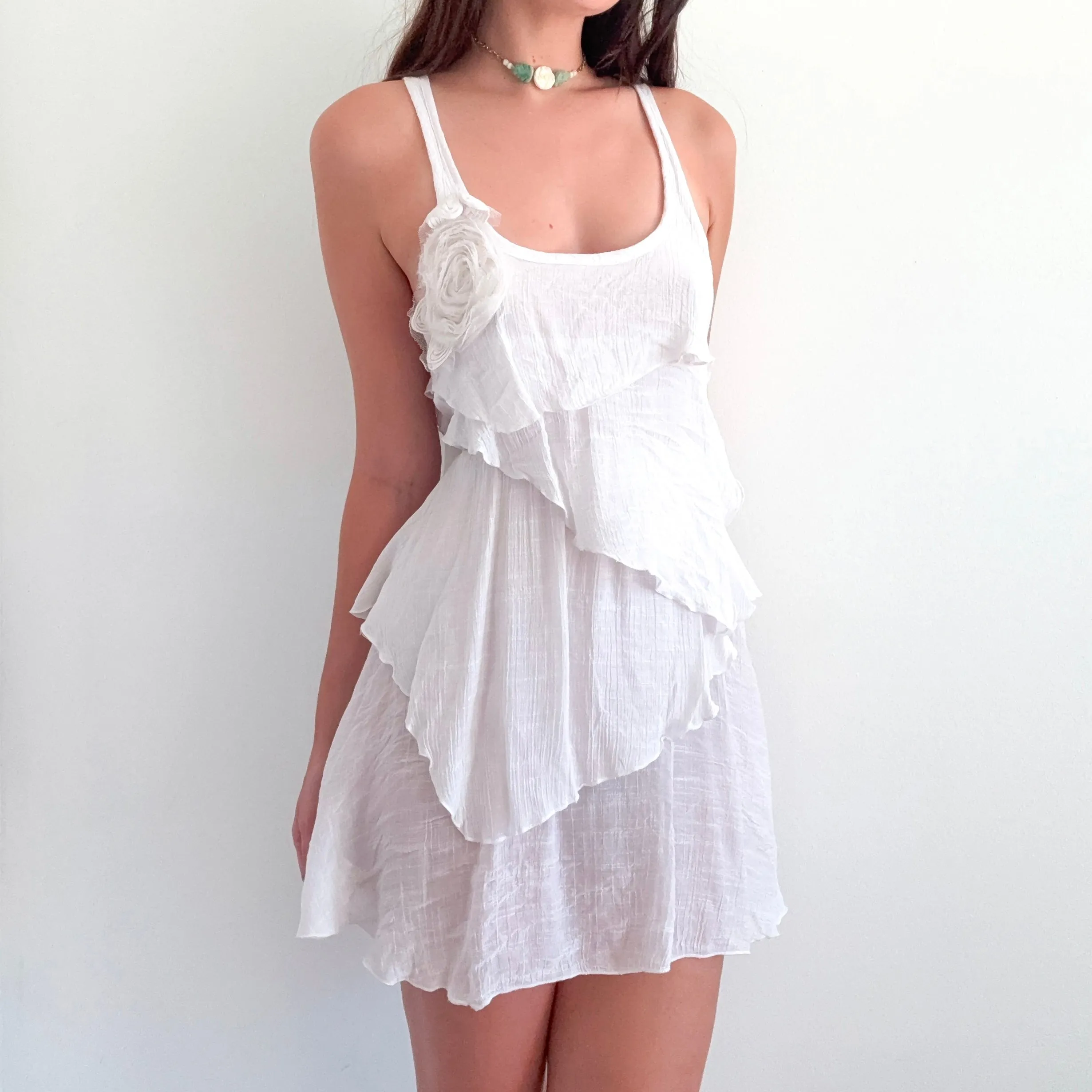 Y2K White Gauzy Rosette Mini Dress / SZ S