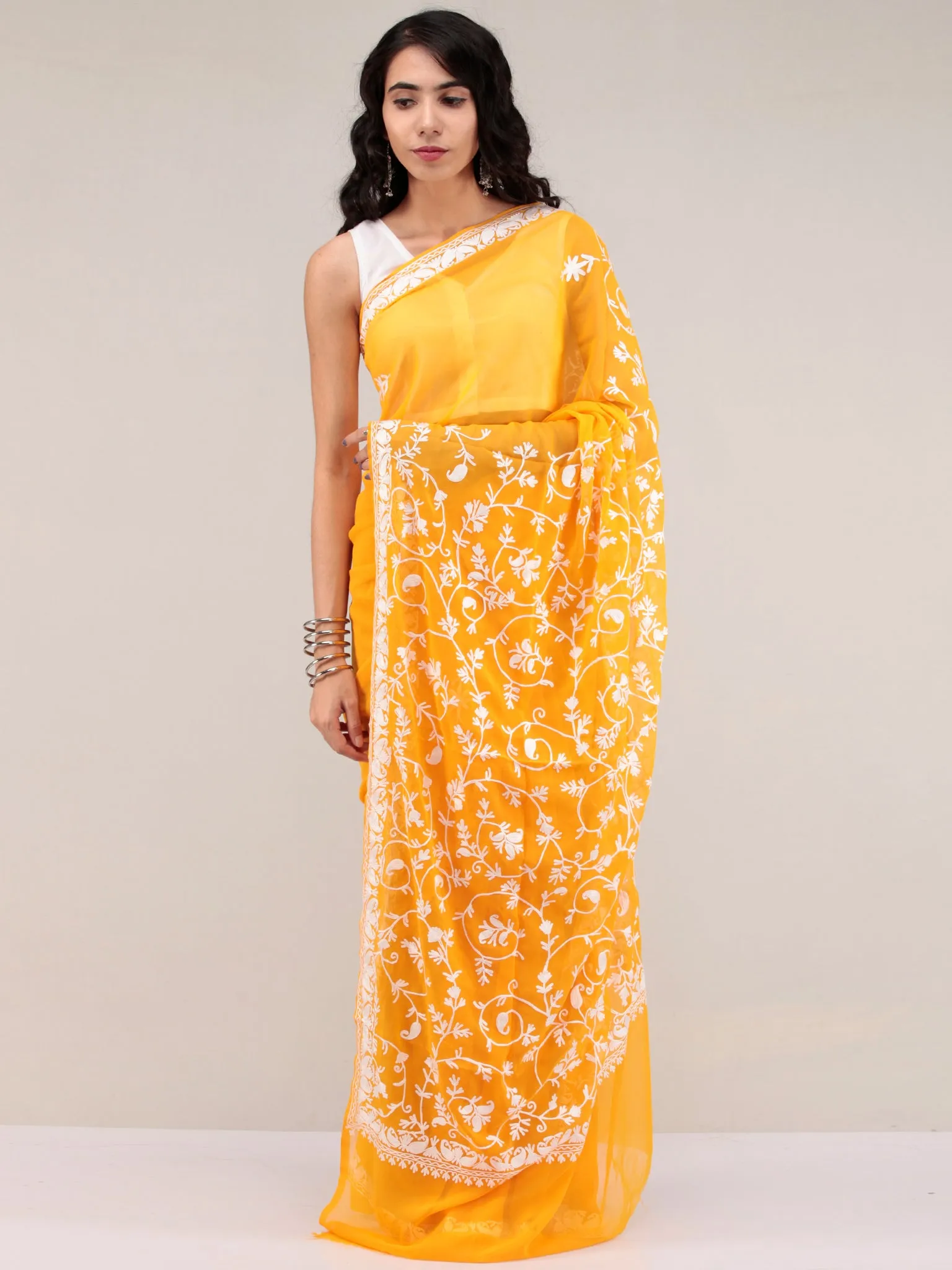 Yellow Aari Embroidered Georgette Saree From Kashmir - S031704641