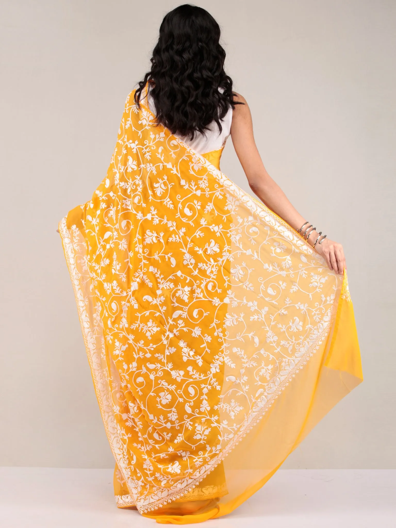 Yellow Aari Embroidered Georgette Saree From Kashmir - S031704641