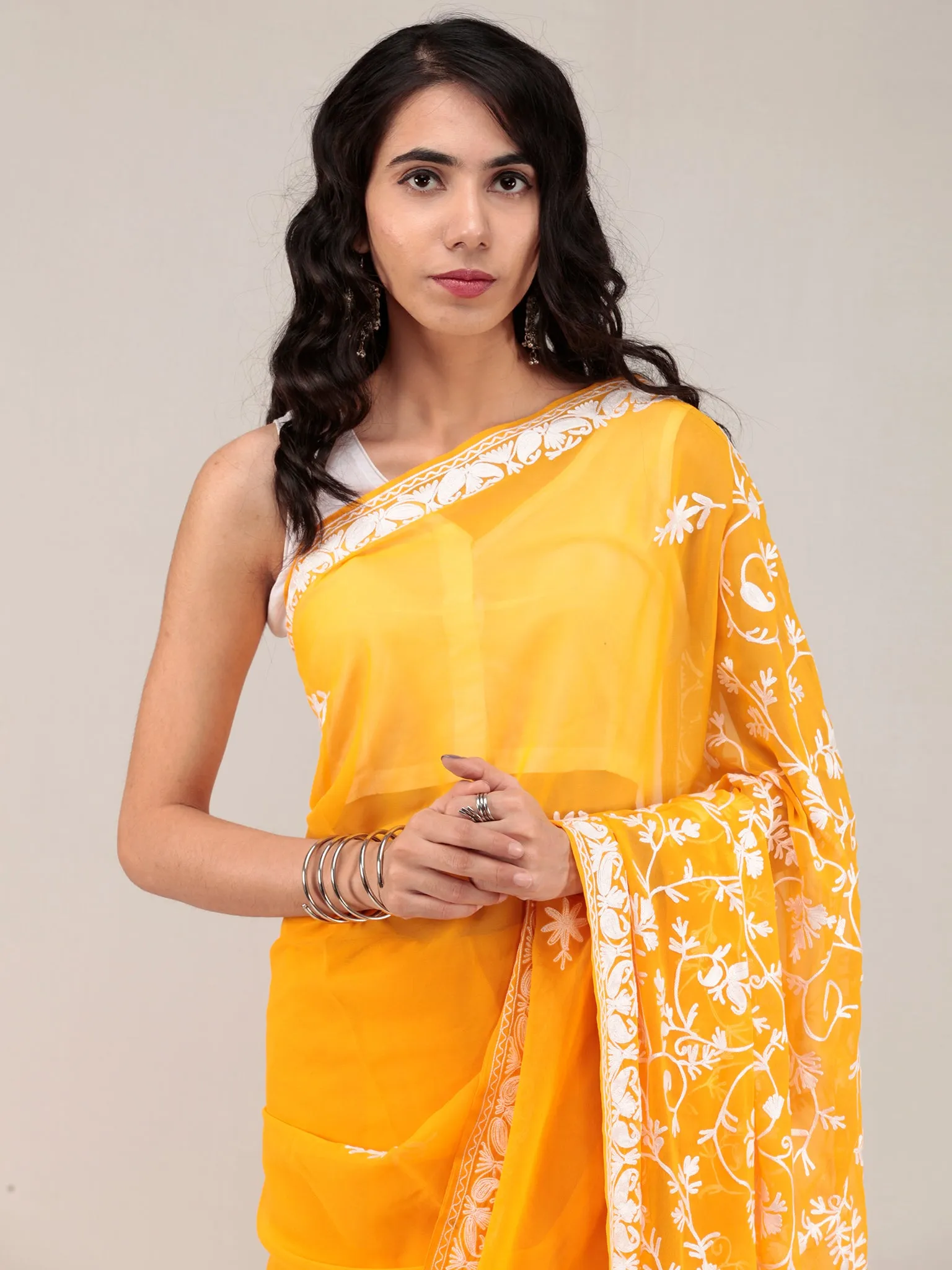 Yellow Aari Embroidered Georgette Saree From Kashmir - S031704641