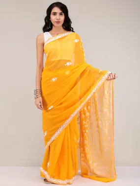 Yellow Aari Embroidered Georgette Saree From Kashmir - S031704641