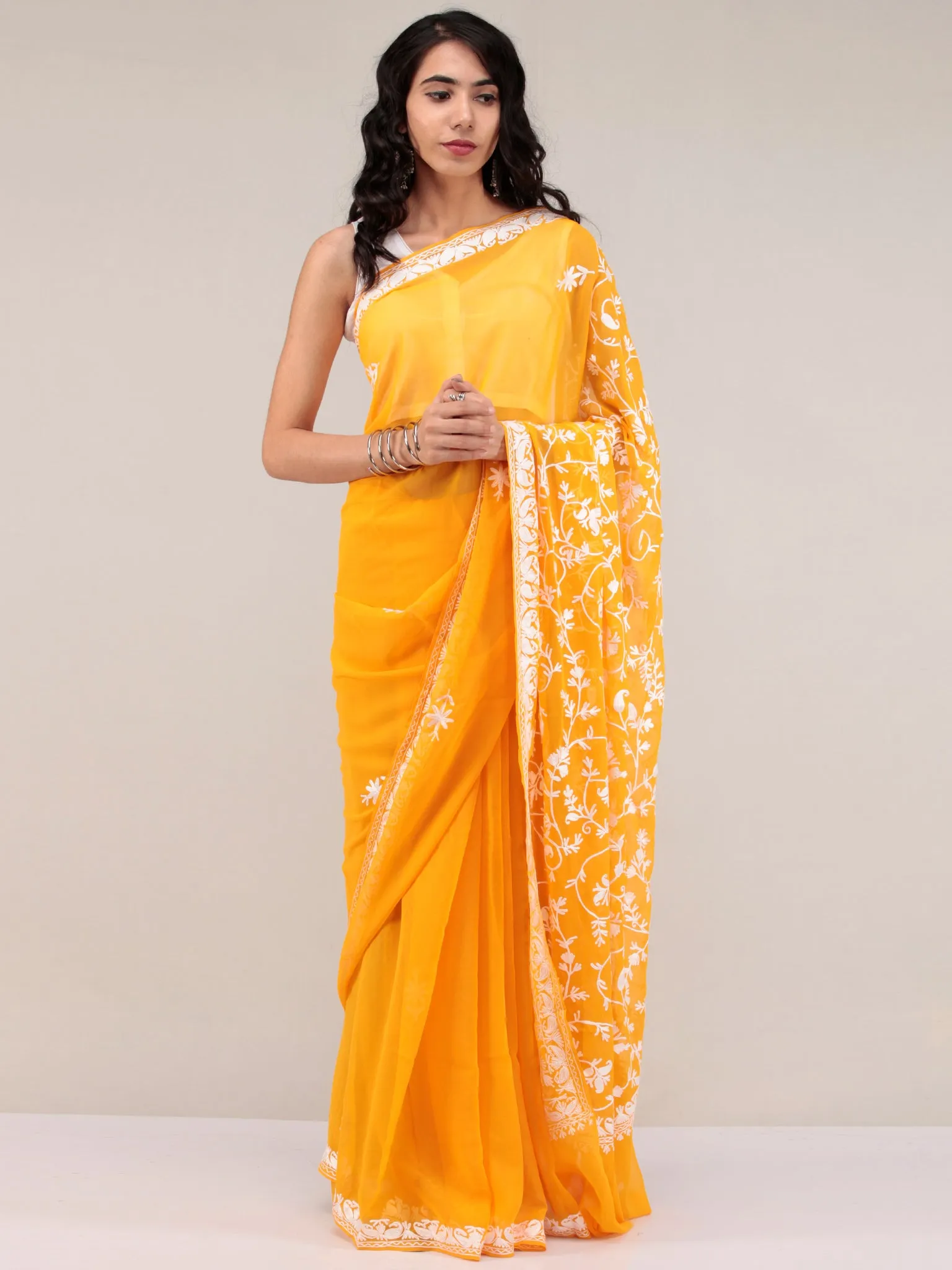 Yellow Aari Embroidered Georgette Saree From Kashmir - S031704641