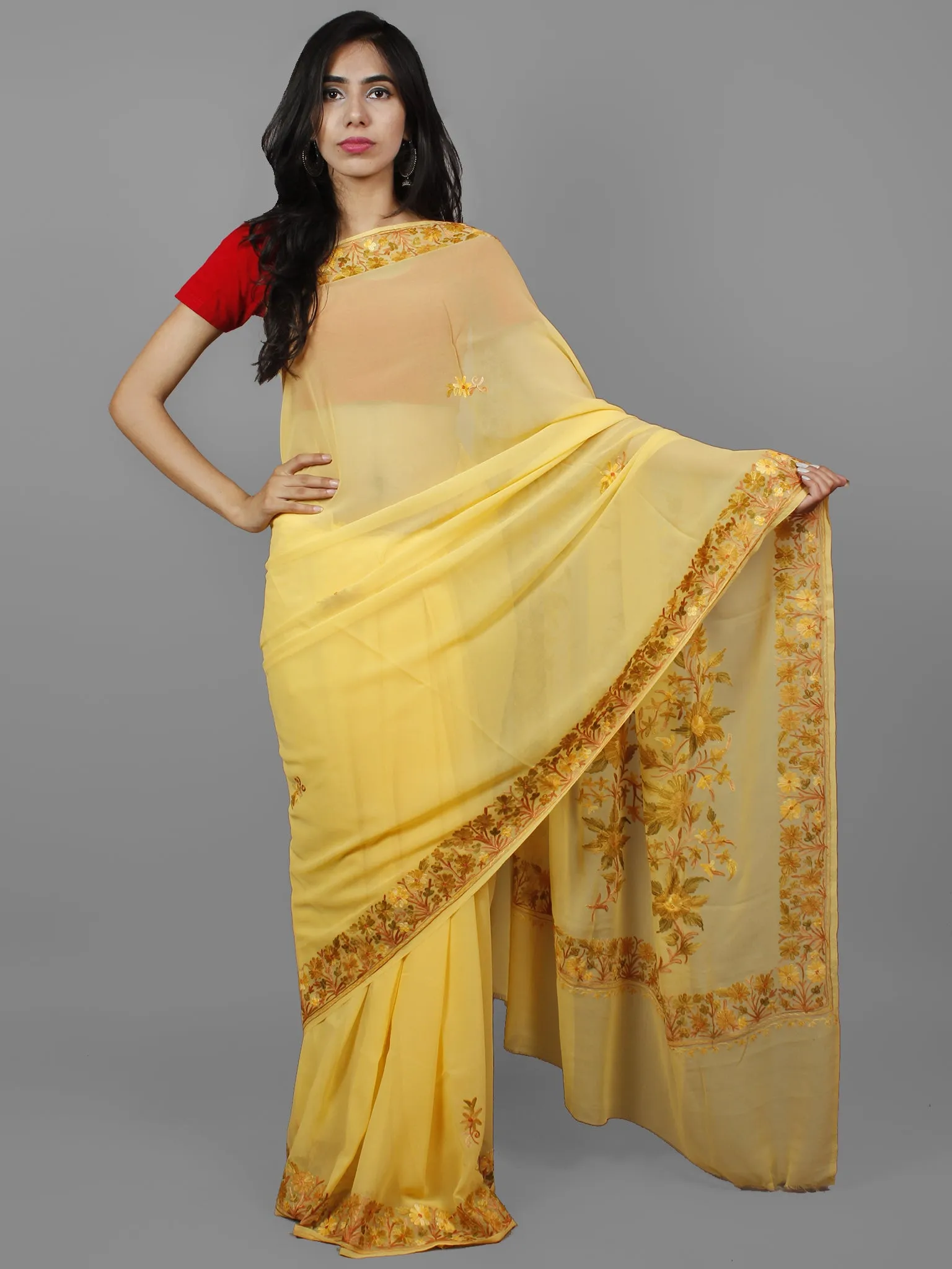 Yellow Brown Aari Embroidered Georgette Saree From Kashmir  - S031702158