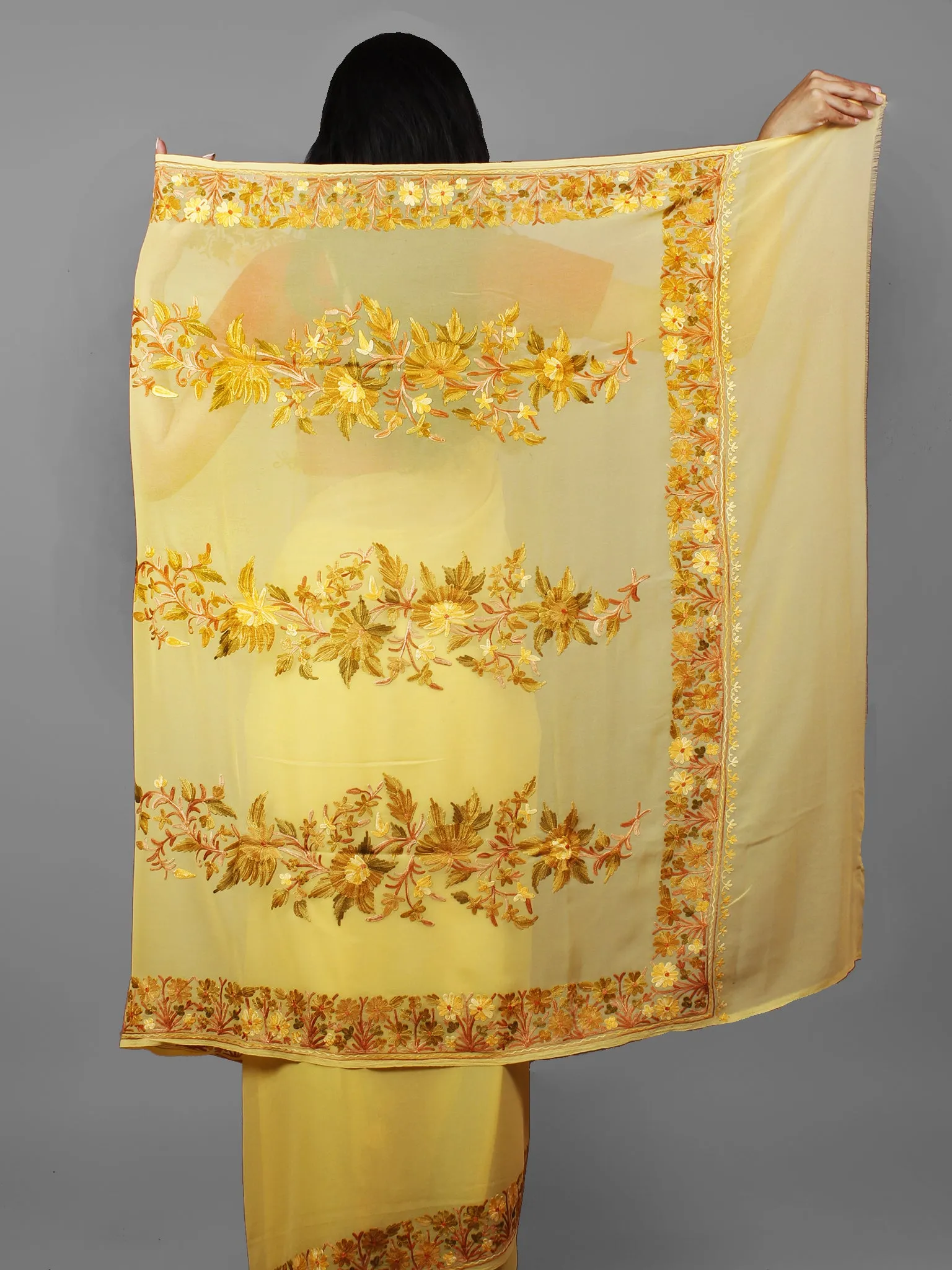 Yellow Brown Aari Embroidered Georgette Saree From Kashmir  - S031702158