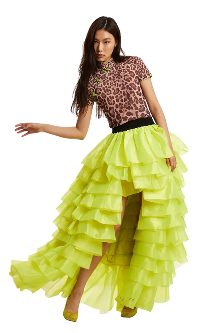 Yellow Fluorescent Silk Organdy Hi Low Maxi Ruffle Skirt